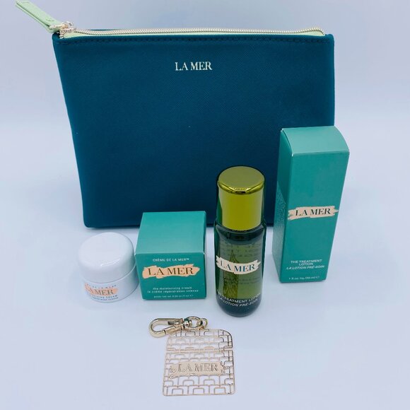 La Mer Beauty Gift Set - 4pc, Green Pouch, Cream, Lotion, Keychain - NEW - Picture 2 of 16